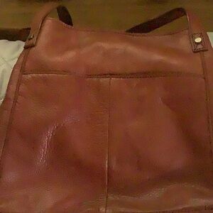 Leather Tote - 11x 12 - cognac - 2 inside zippered compartments - snap closure
